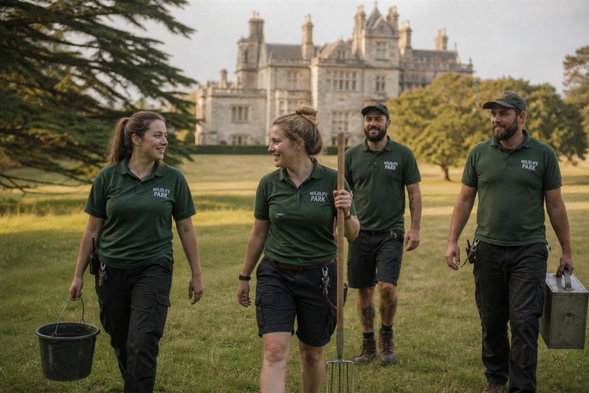Team of keepers walking across the parkland grounds at Cotswold Wildlife Park