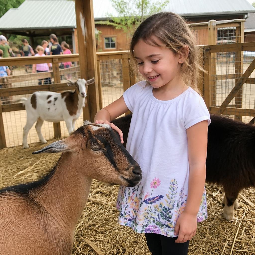 Child petting a goat in the Children's Farmyard at Cotswold Wildlife Park