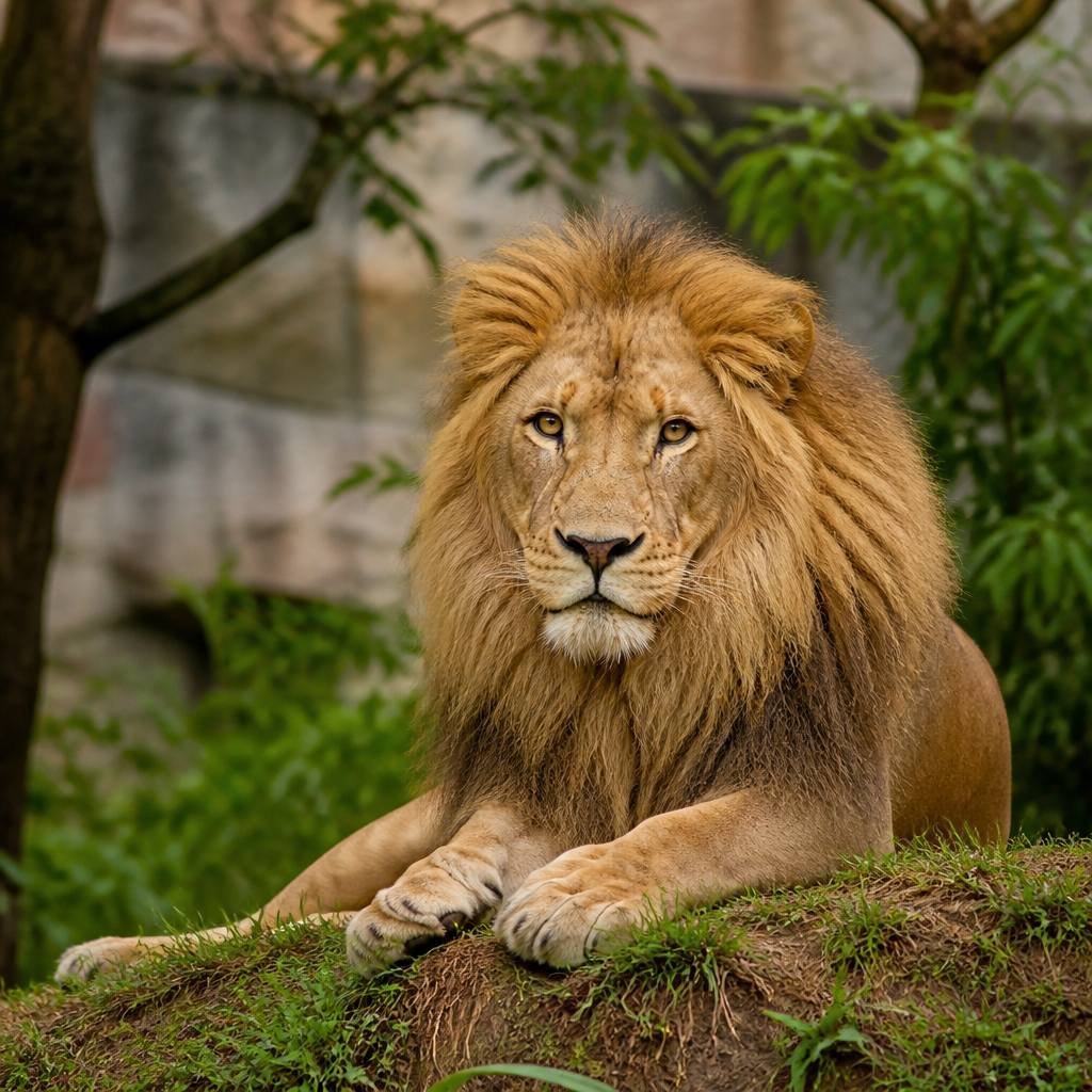 Asiatic lion resting in its enclosure at Cotswold Wildlife Park