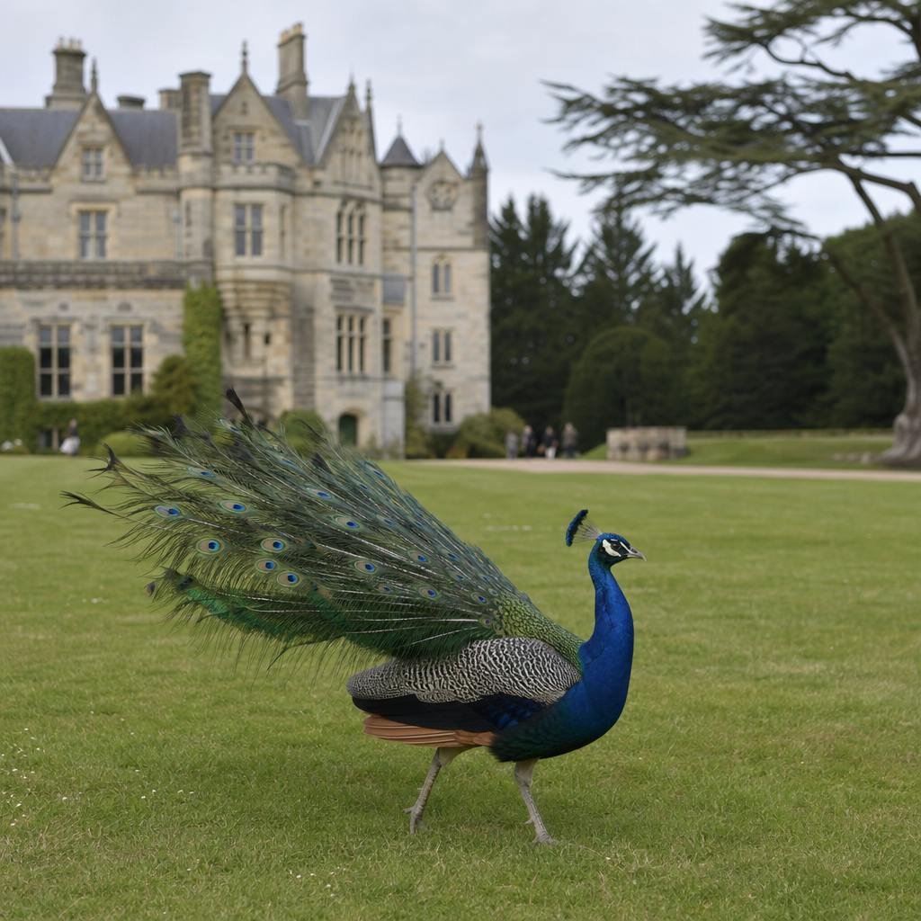 Peacock roaming freely on the manor lawn at Cotswold Wildlife Park