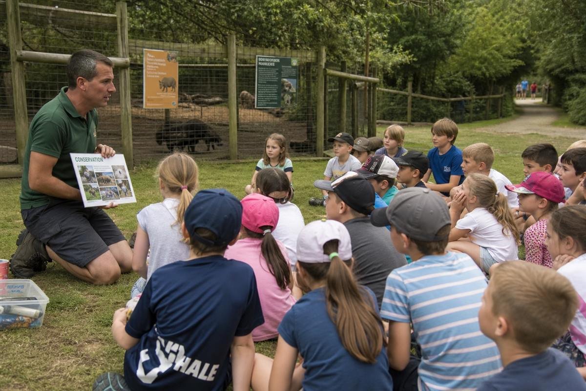 School group on an educational visit listening to a keeper at Cotswold Wildlife Park