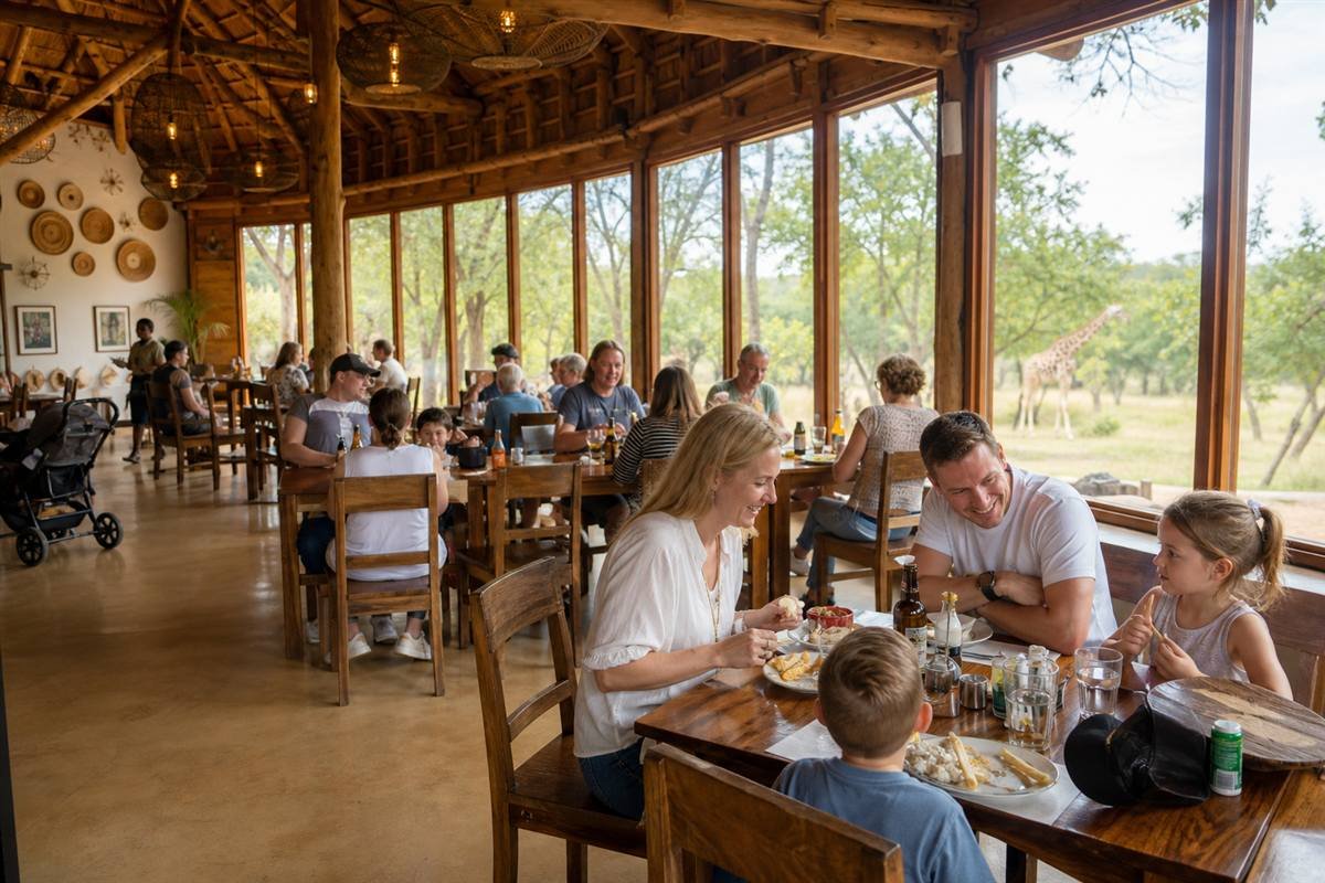 Visitors enjoying a hot meal inside the on-site restaurant at Cotswold Wildlife Park