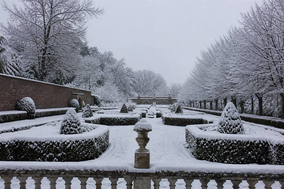 Snow-covered Walled Garden at Cotswold Wildlife Park in winter