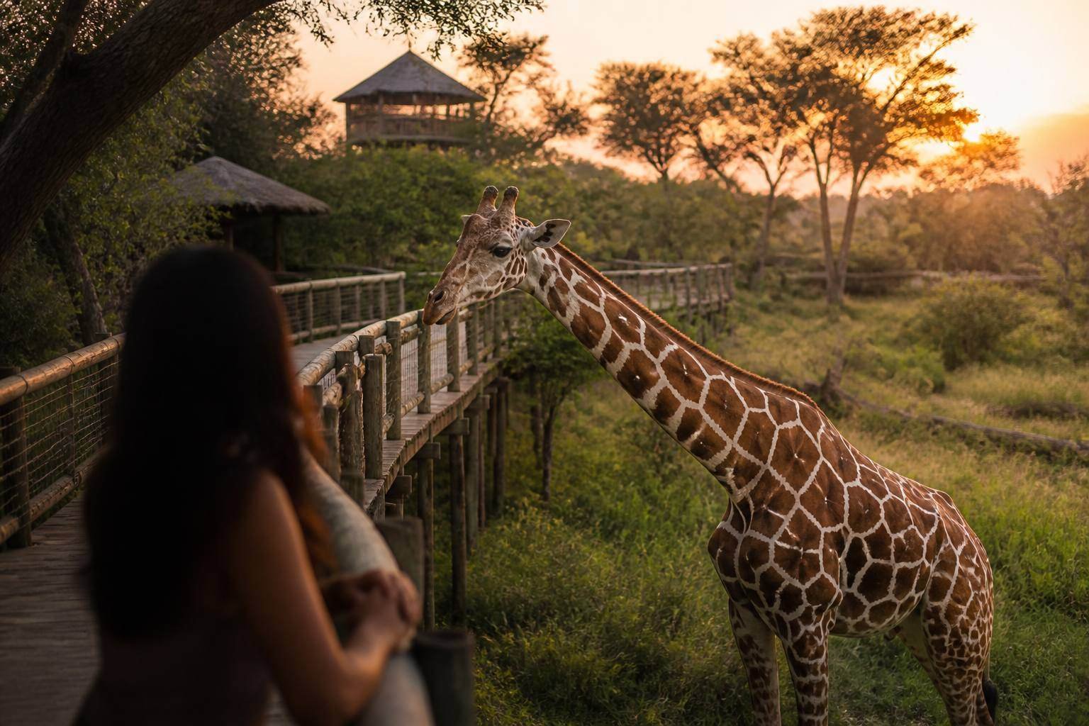 Visitor on the raised Giraffe Walkway at Cotswold Wildlife Park at eye level with a reticulated giraffe